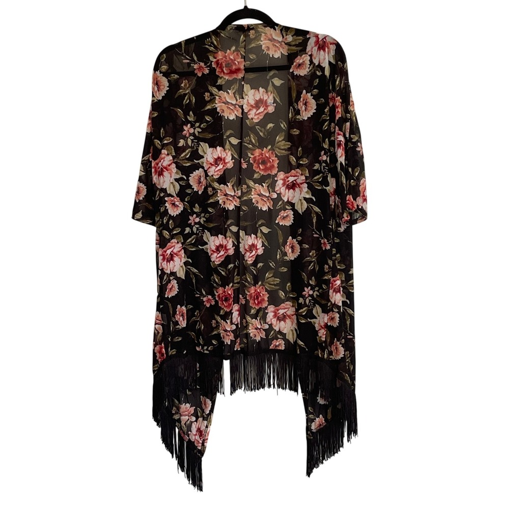 Ember Womens Floral Mesh Kimono Wrap Black Pink Rose Fringe Trim Large - Picture 2 of 6